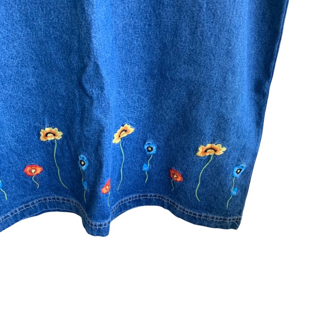 Vintage Denim Embroidered Flowers Dress True Blue Size Large 90s Teacher - Picture 2 of 9